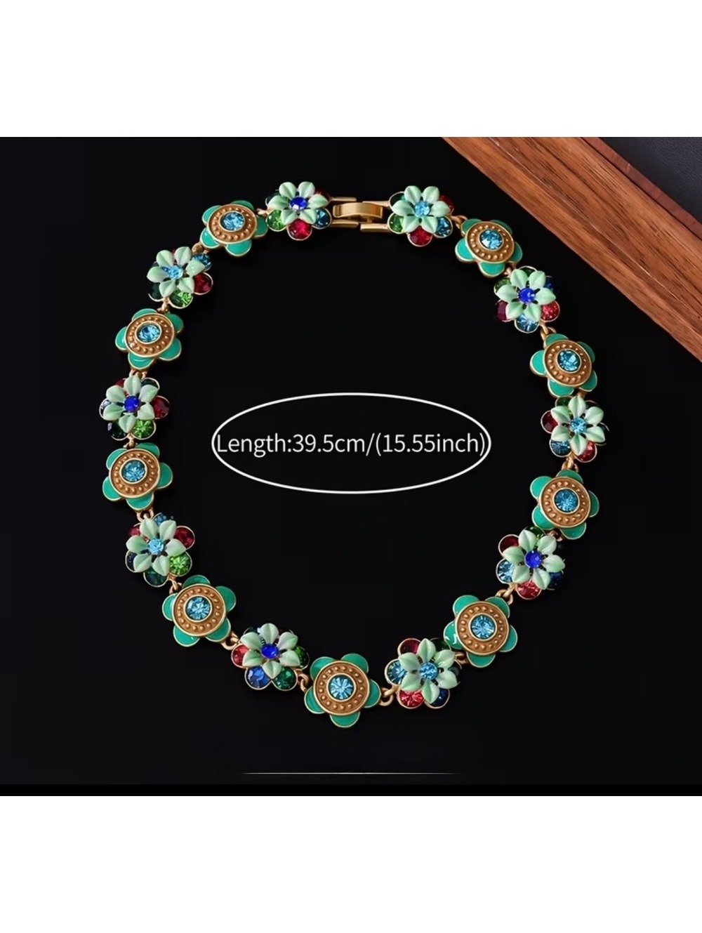 Vintage inspired Enamel Floral Multicolor Rhinestone Necklace 15.55